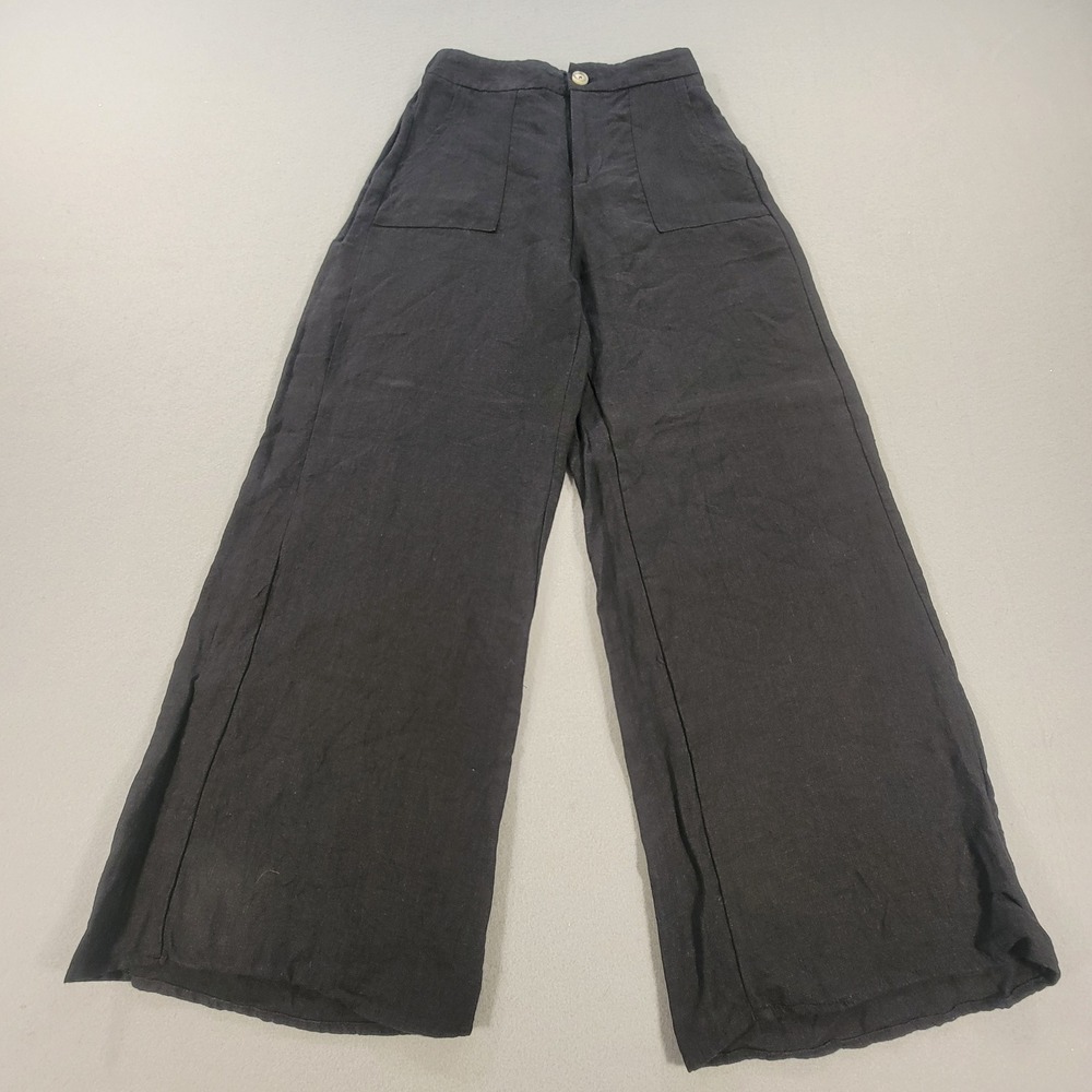 Little Lies 100% Linen Wide Leg Pants High Rise Black Patch Pocket Women's M - Picture 2 of 9